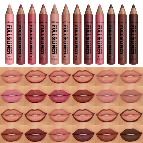 LANGMANNI Matte Velvet Lip Liner Pencil Set - 12 Highly Pigmented, Smudge-Resistant Vegan Pencils
