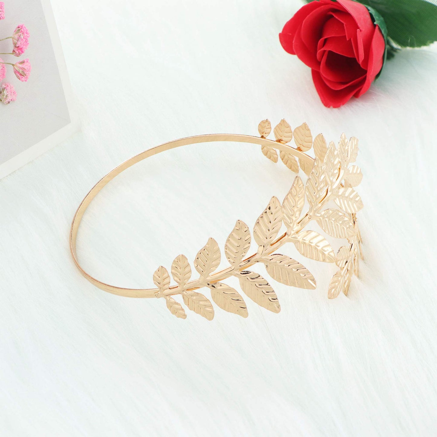 FUNRUN JEWELRY 4PCS Goddess Headband Leaf Arm Cuff Jewelry Set Crown Laurel Costume Accessory Armband Hair Band Bridal Wedding Jewelry Adjustable