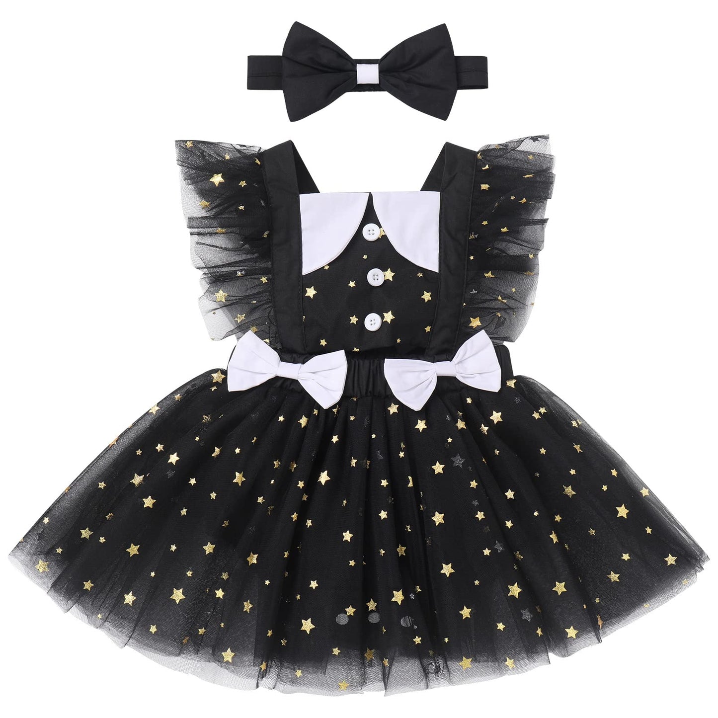 Infant Baby Girl Romper First Birthday Dress Cake Smash Outfits Toddler Cartoon Halloween Cosplay Costume Easter Baptism Christening Onesie Wedding Christmas Outfits Black Star (2PCS) 6-12 Months