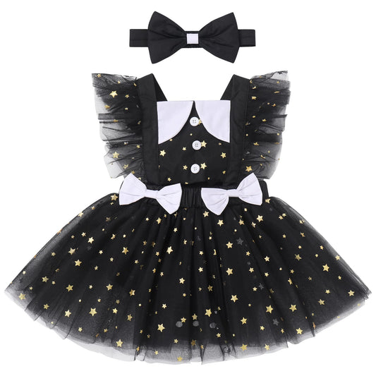 Infant Baby Girl Romper First Birthday Dress Cake Smash Outfits Toddler Cartoon Halloween Cosplay Costume Easter Baptism Christening Onesie Wedding Christmas Outfits Black Star (2PCS) 12-18 Months