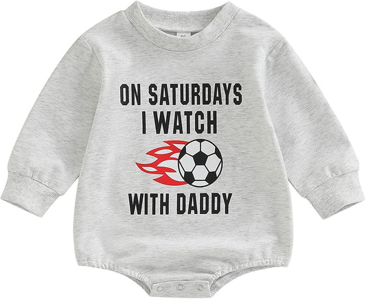 DOSYZTO Baby Boy Girl Fall Outfit Long Sleeve Sweatshirt Romper Crewneck Sweater Jumpsuit Spring Bodysuit Clothes (Watch Football with Daddy Romper,12-18 Months)