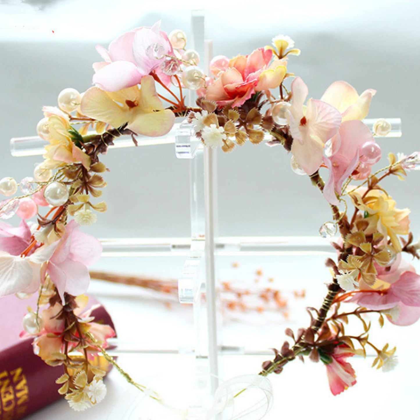 YnimioAOX Handmade Adjustable Flower Wreath Headband Halo Floral Crown Garland Headpiece,N8-pearl pink