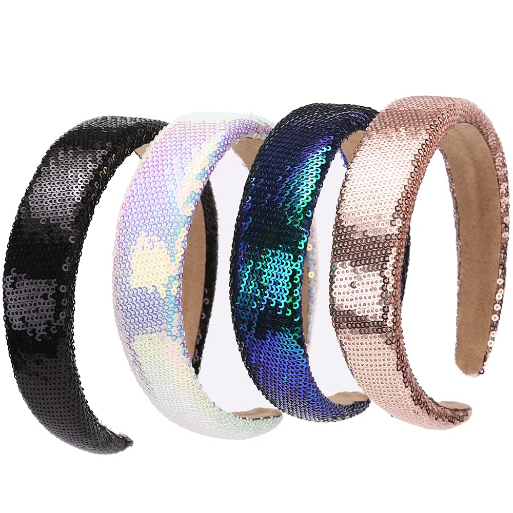 LONEEDY 4 PCS Glitter Beaded Sequins Sparkly Wide Hard Headbands for Girls and Women,1.3-Inch Wide Padded Hair Bands Fashion Cute Daily Accessories for Kids (black+white+blue+gold)