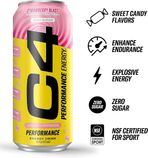 Cellucor C4 Performance Energy Drink - Strawberry Blast | Zero Sugar Pre-Workout | 200mg Caffeine | 16 Fl Oz (12 Pack)
