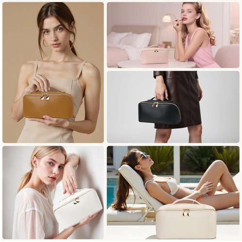 MSTONAL Travel Makeup Bag, Large Capacity Cosmetic Bags for Women, Waterproof Portable Pouch Open Flat Make up Organizer Bag with Dividers and Handle, Toiletry Bag for Essentials, Medium Size, Brown