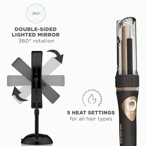 **INFINITIPRO BY CONAIR Curl Secret Automatic Curling Iron - 3/4-Inch Barrel & Lighted Makeup Mirror - Black**