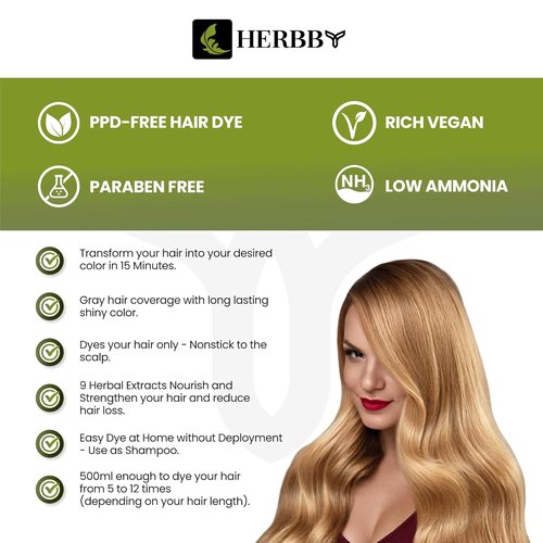 HERBBY Hair Color Shampoo - Gray Hair Coverage & Color Transformation with 9 Herbal Extracts | Long-Lasting Shine, 500ml (Light Honey Color)
