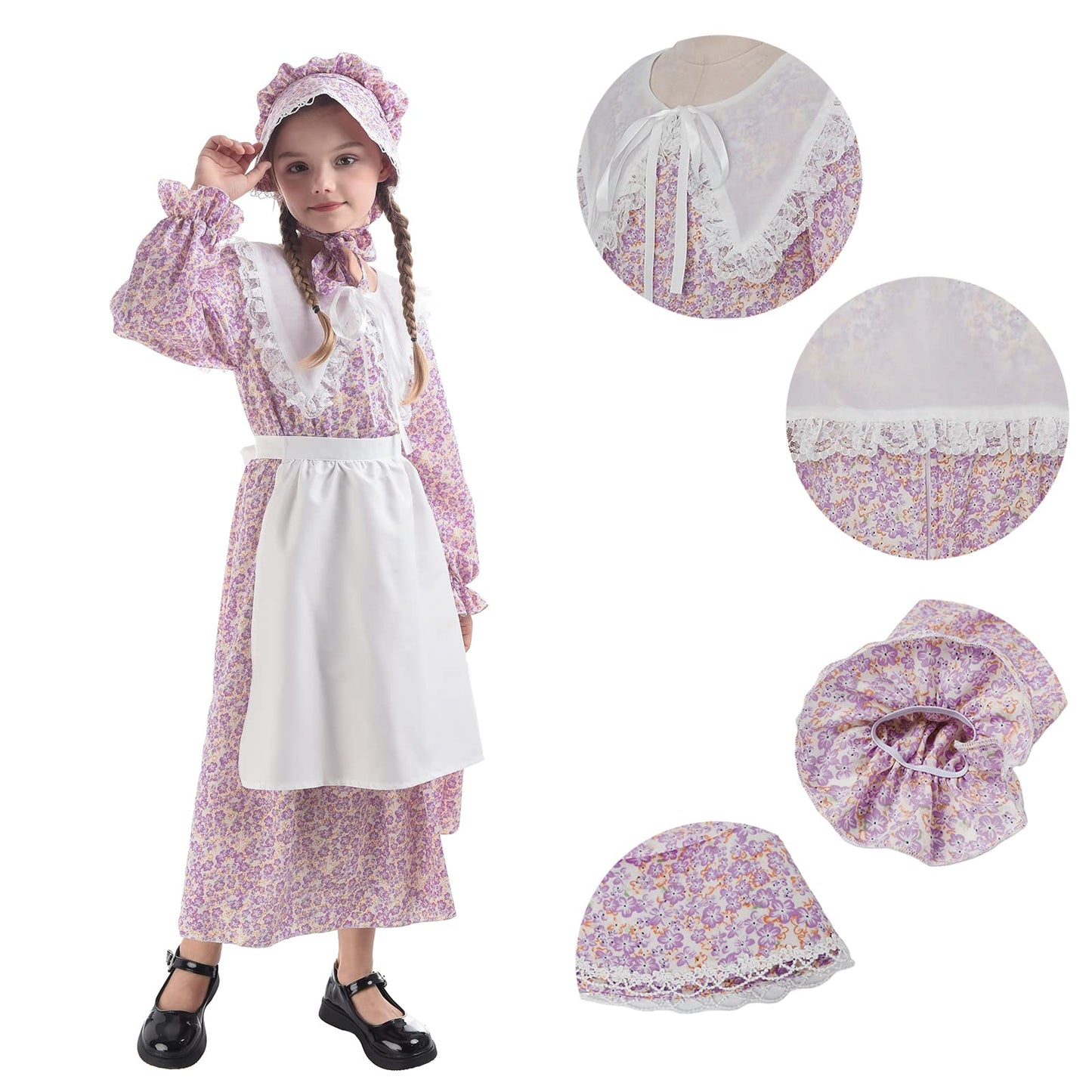 LTAKK Prairie Dresses for Girls Pioneer Colonial Costume Girl Pilgrim Dress with Shawl, Apron and Bonnet, Violet, Large