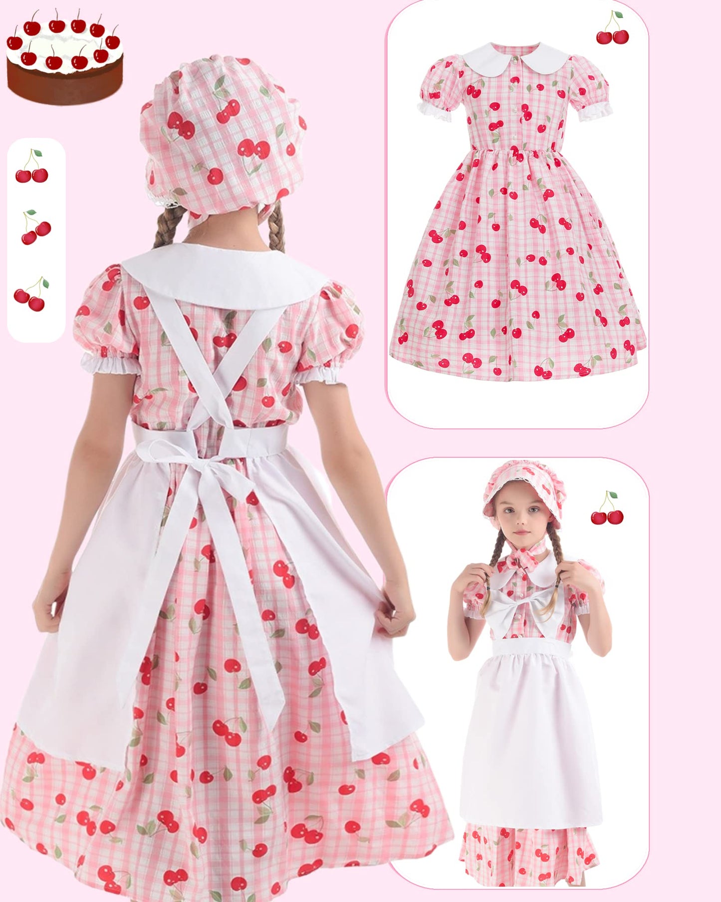 NSPSTT Prairie Dresses for Girls Pioneer Costumes for Girls Amish Dress Colonial Girl Cherry Plaid Dress, Pink, XL age over 4 years old