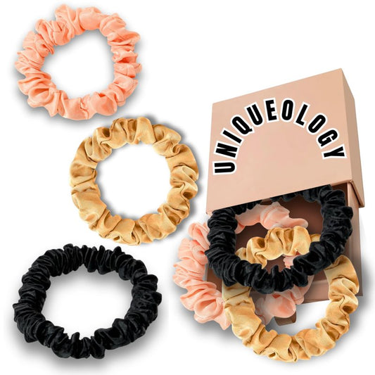Uniqueology Satin Silk Hair Ties – Small Hair Ties No Damage – No Crease Scrunchies for Women – Soft Silk Scrunchies for Girls – (Black, Pink, Gold)