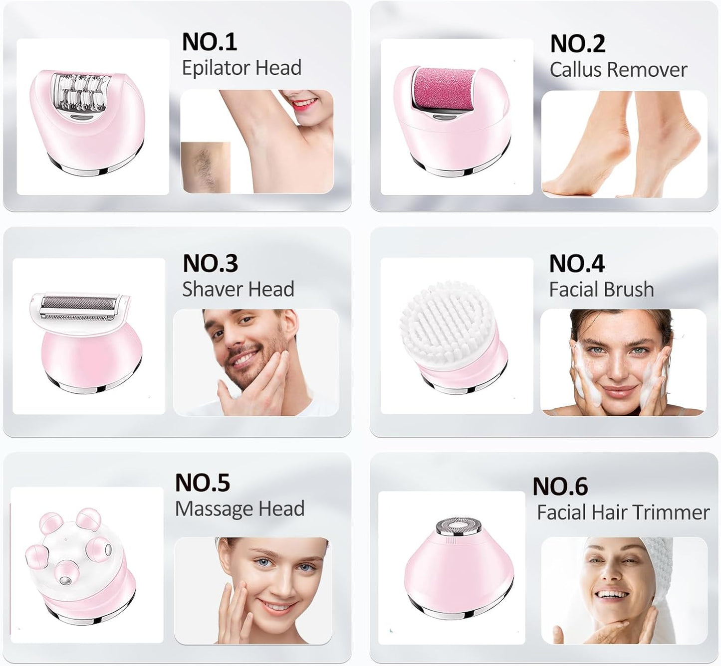 Skiennix Epilator for Women - 6-in-1 Hair Removal System with Shaver, Facial Brush & Waterproof Design (Pink)