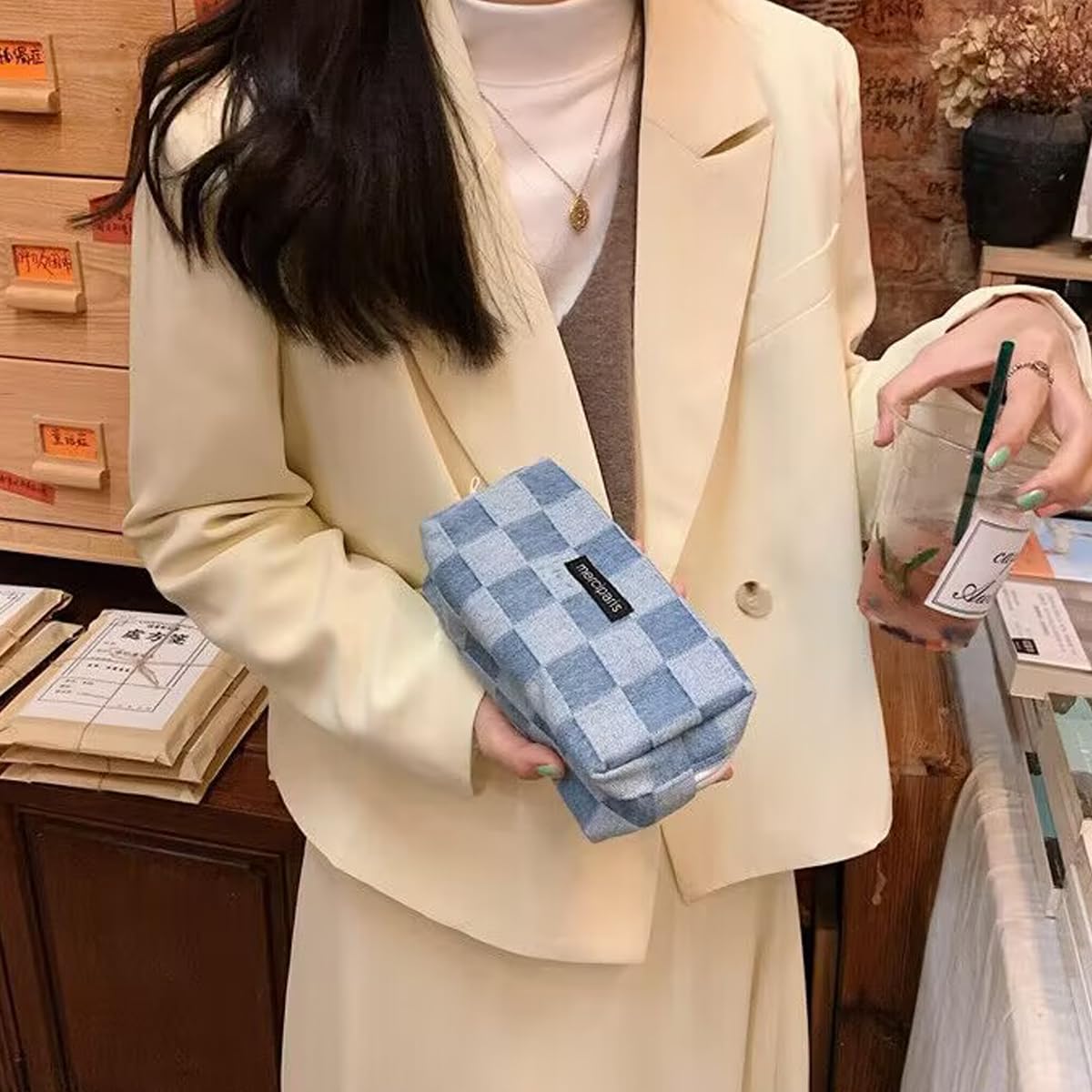 Cosmetic Bags for Women Makeup Bag Large Capacity Purse Travel Toiletry Zipper Storage Pouch Make up Brushes Organizer for Gifts (Checkered, Denim Blue)