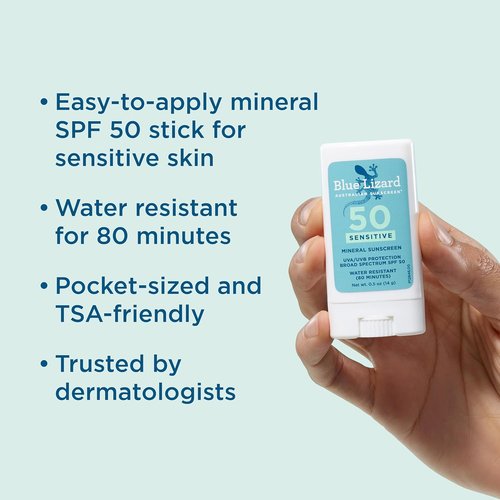 Blue Lizard Sensitive Mineral Sunscreen Stick - SPF 50+ Zinc Oxide, Water Resistant, Fragrance Free | 0.5 Oz