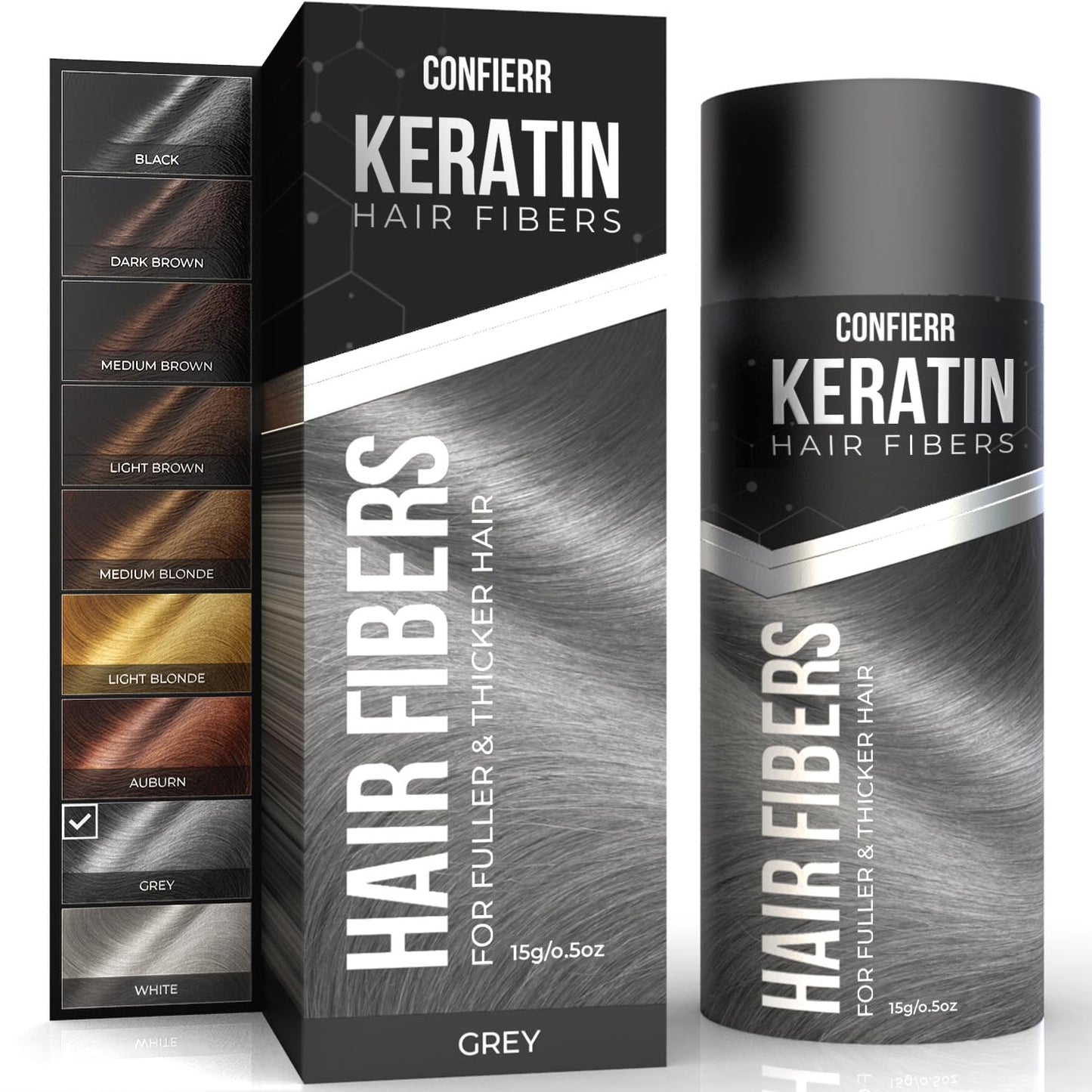 CONFIERR Keratin Hair Fibers for Men & Women - Fill In Fine or Thinning Hair, Fuller Looking Hair, Instantly Thicker (Gray 15g)