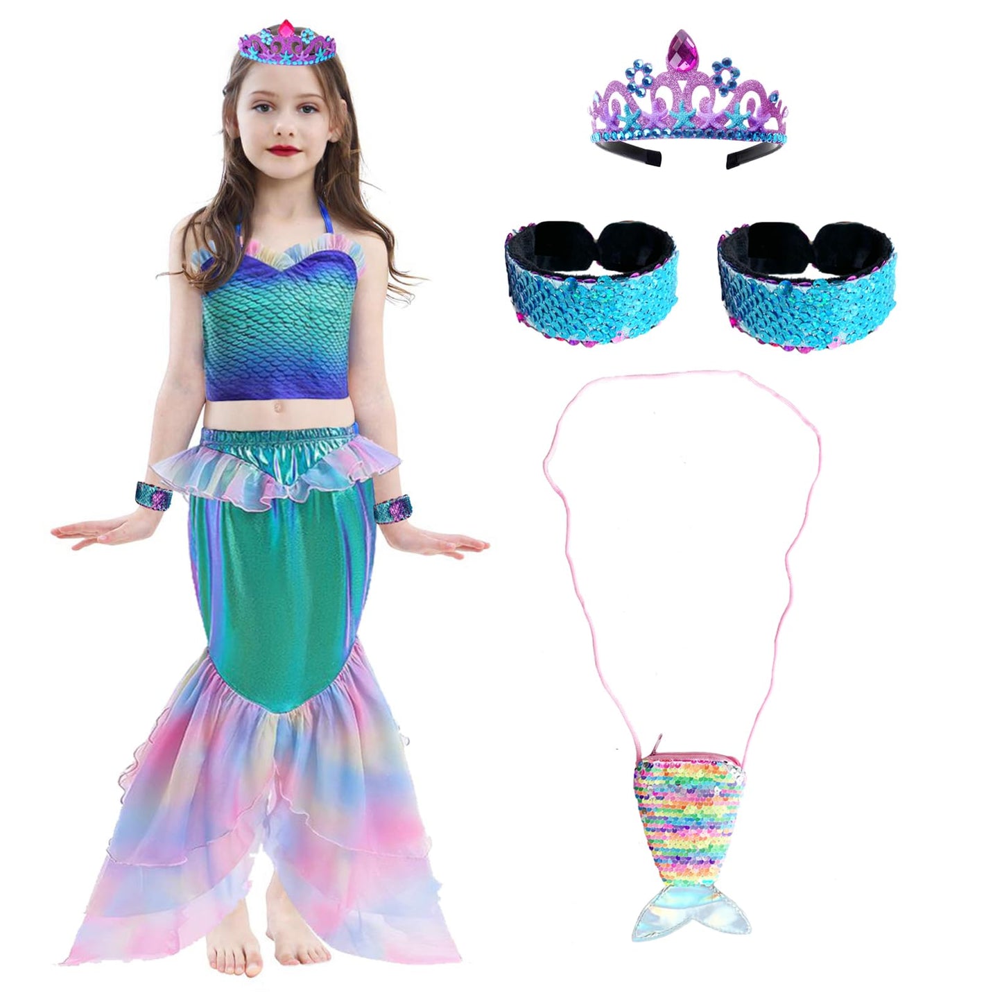 Vegove Girl's Little Mermaid Outfits 2 Pieces Suspender Skirts, Mermaid Crown Sequin Slap Bracelets & Pouch Halloween Costume (Purple, 4-5 Years Old)