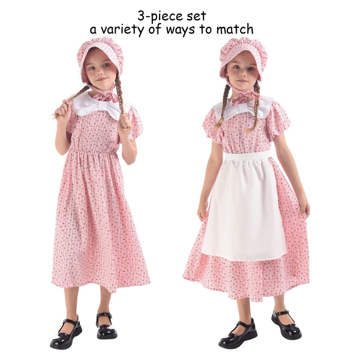 LTAKK Prairie Dresses Girls Pioneer Colonial Costume Girl Pilgrim Dress with Apron and Bonnet, Pink Plaid Floral, Large