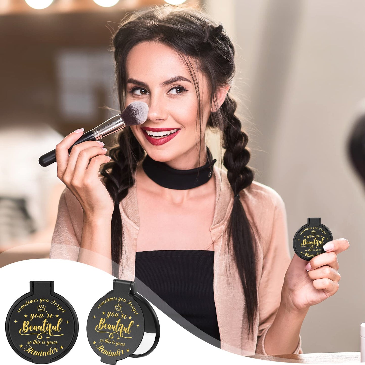 Gulfmew 18 Pcs 2.76 Inch Inspirational Compact Mirror Bulk Round Makeup Glass Mirror Personal Purse Pocket Mini Gifts for Women Galentines Coworker Teacher Graduation Friends (Black)