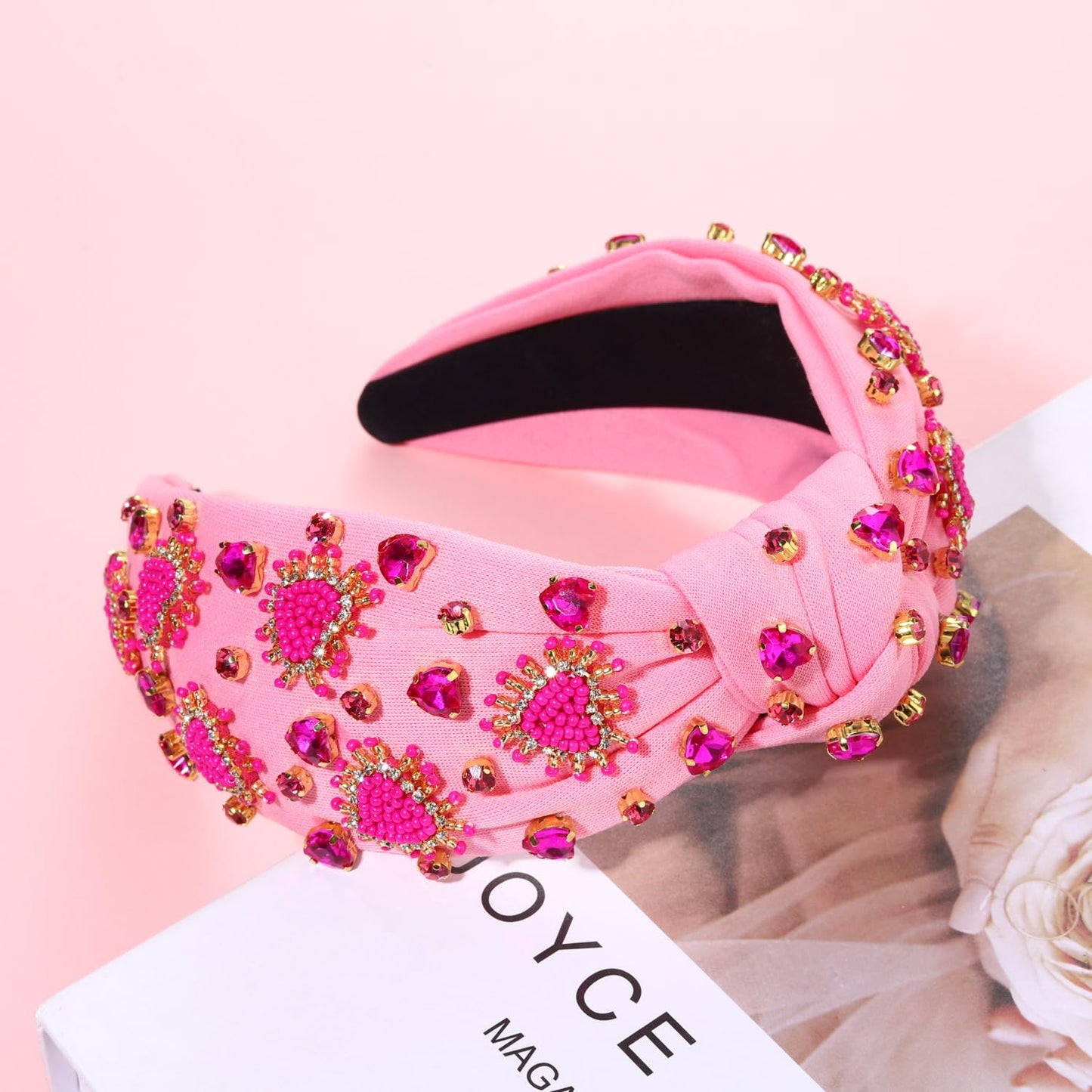 NVENF Women's Jeweled Crystal Rhinestone Knotted Headband - Red Pink Wide Top Knot Hair Accessory Gift