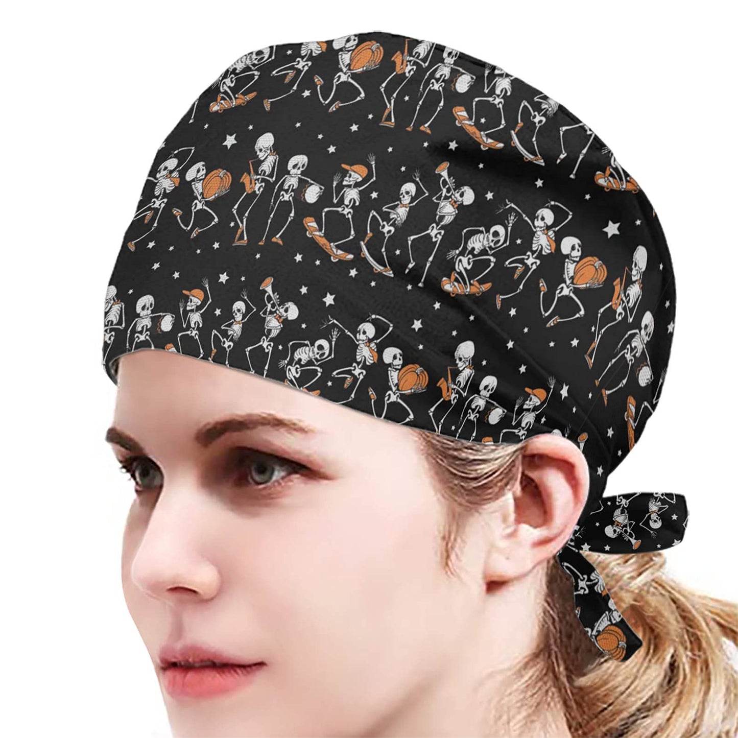 JEOCODY Halloween Skeleton Pumpkin Print Men Women Cap Working Hat One Size Waterproof Adjustable Tie Back Cap with Sweatband, Breathable Work Cap