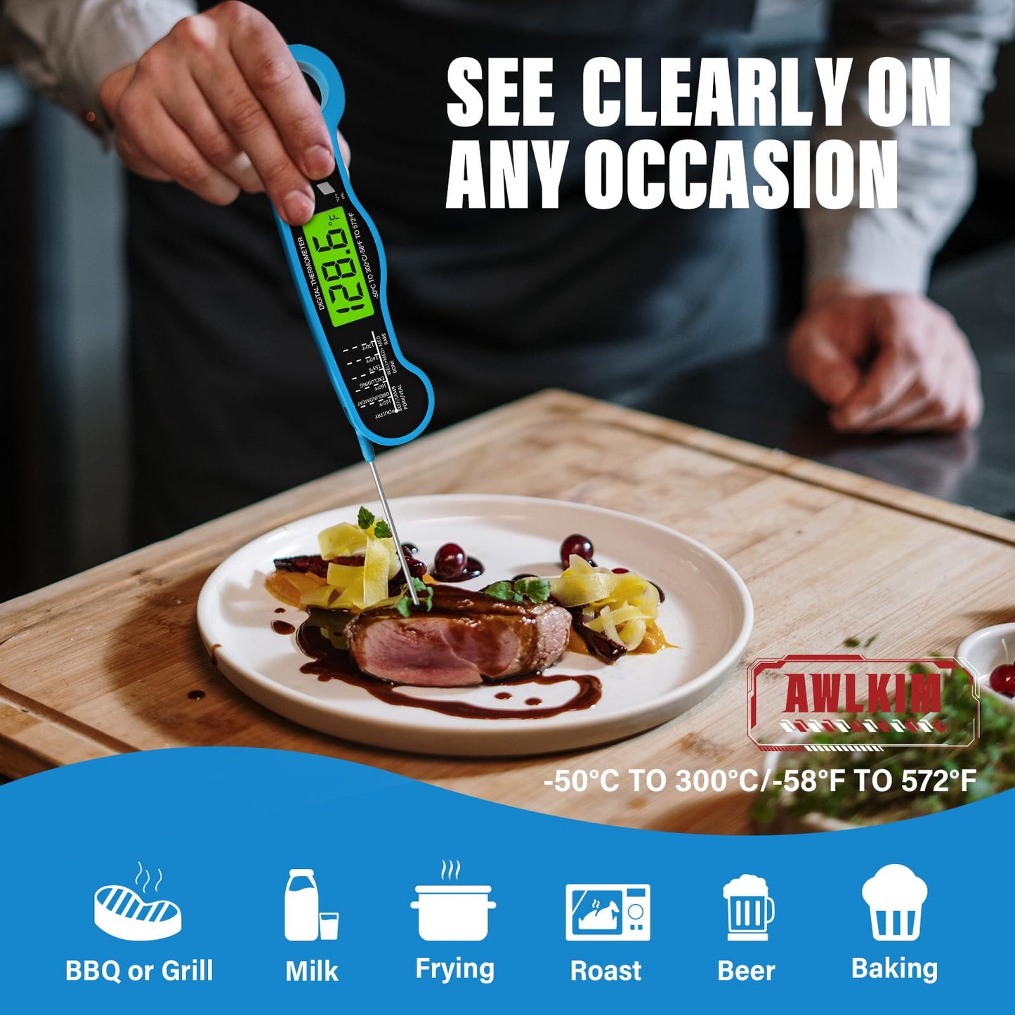 Fast Instant Read Meat Thermometer with Backlight - Waterproof Digital Food Probe for Grilling, Cooking, Baking & Candy Making - Kitchen & BBQ Essential(Black)