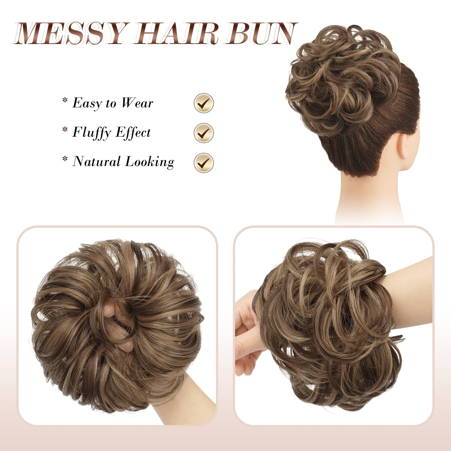 FESHFEN Messy Bun Hair Piece Curly Wavy Large Hair Bun Scrunchies Extensions Light Ash Brown Mixed Golden Brown Synthetic Tousled Updo Hairpieces for Women Girls