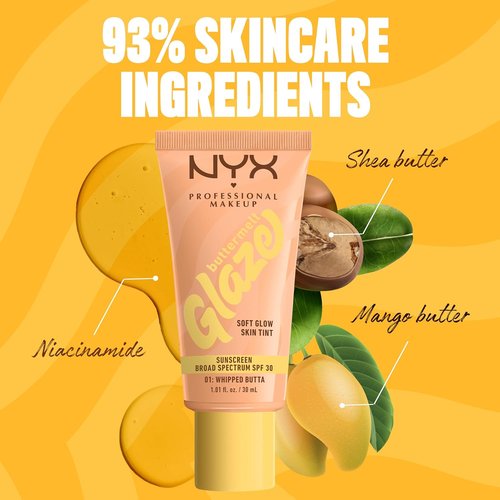 NYX Professional Makeup Buttermelt Glaze Skin Tint - Soft Glow Finish with SPF 30, 12HR Wear, 01 Whipped Butta