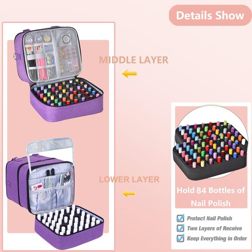 FCQQYWZ Large Nail Polish Organizer Case Hold 84+ Bottles Nail Polish & Nail Lamp, 3 Layers Nail Organizers and Storage for Nail Tech with Divider, Travel Carrying Case for Nail Polish Kit Set(Purple)