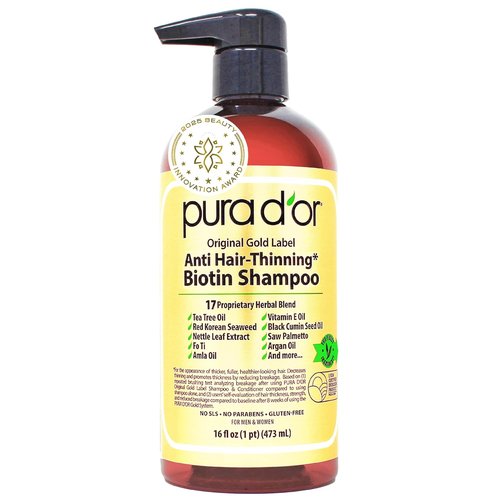 PURA D'OR Original Gold Label Anti-Thinning Shampoo - Clinically Tested Biotin & Argan Oil Formula | Sulfate-Free, 16 fl oz