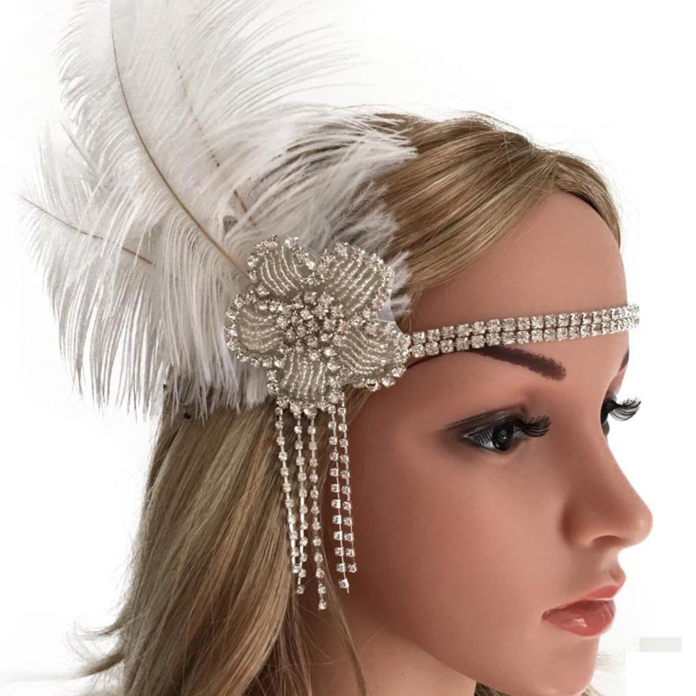 Song Qing 1920s Rhinestone Flapper Feather Headpiece Roaring 20s Great Gatsby Fascinators Accessories for Women