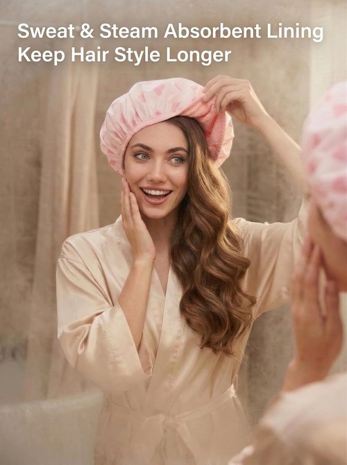 Auban Shower Cap - Reusable Double Layer Waterproof Terry Cloth Lined | Large Pink Bath Hair Cap