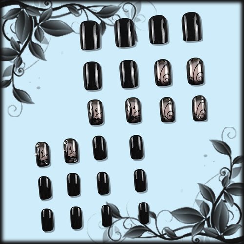 Black Press on Nails with Dark Vine Design, Glossy Ins Medium Square False Nails Rhinestones Acrylic Fake Fingernails Curve Line Stick on Nail Crystal Gel Glue on Nail for Women Girls 24Pcs