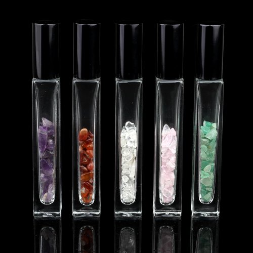 10ml Gemstone Roller Square Bottles Refillable Roll On Bottles Healing Crystal Chips Inside For Perfumes Aromatherapy Oils 5pack…