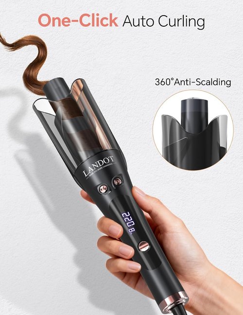 LANDOT Automatic Rotating Curling Iron - 1-Inch for Salon Waves & Spirals | 8 Temperature Settings & Anti-Scald Design
