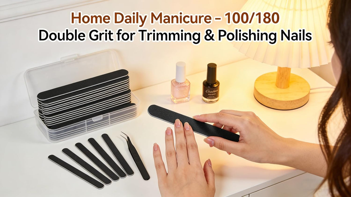 Skiennix Professional Nail File Set - 12 Double-Sided 100/180 Grit Emery Boards for Manicure & Pedicure