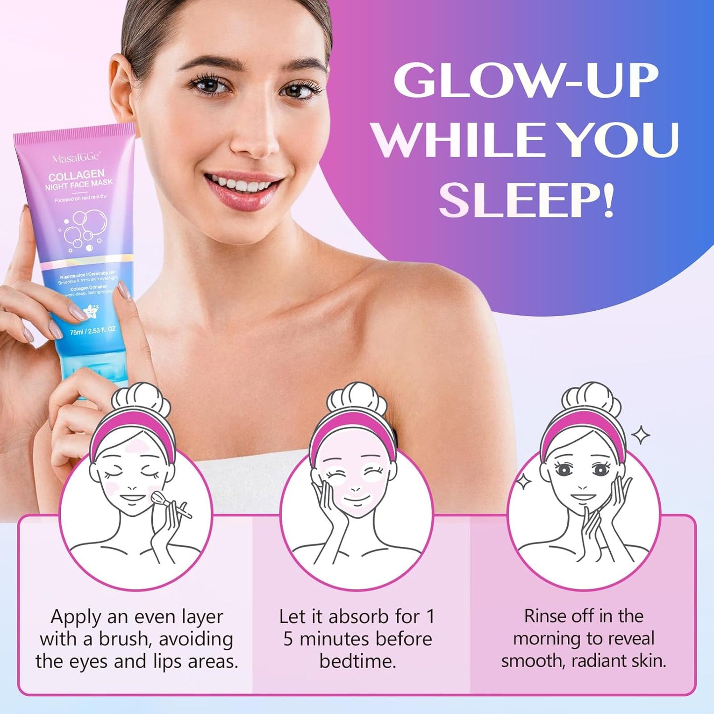 Skiennix Collagen Night Wrapping Mask - Peel Off Face Mask for Elasticity & Hydration | 2.53 fl. oz. with Applicator