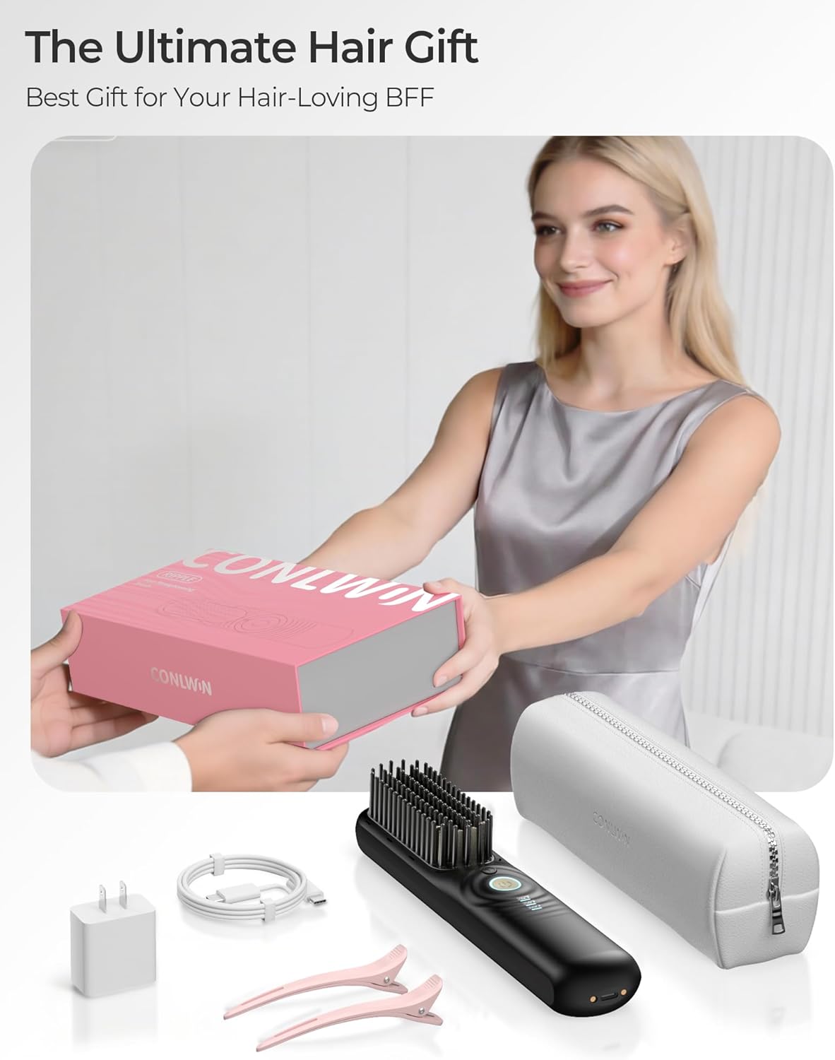 Skiennix Cordless Hair Straightener Brush - Portable Mini Travel Design for Thick Curly Hair | 350M Negative Ions for Frizz-Free Styling
