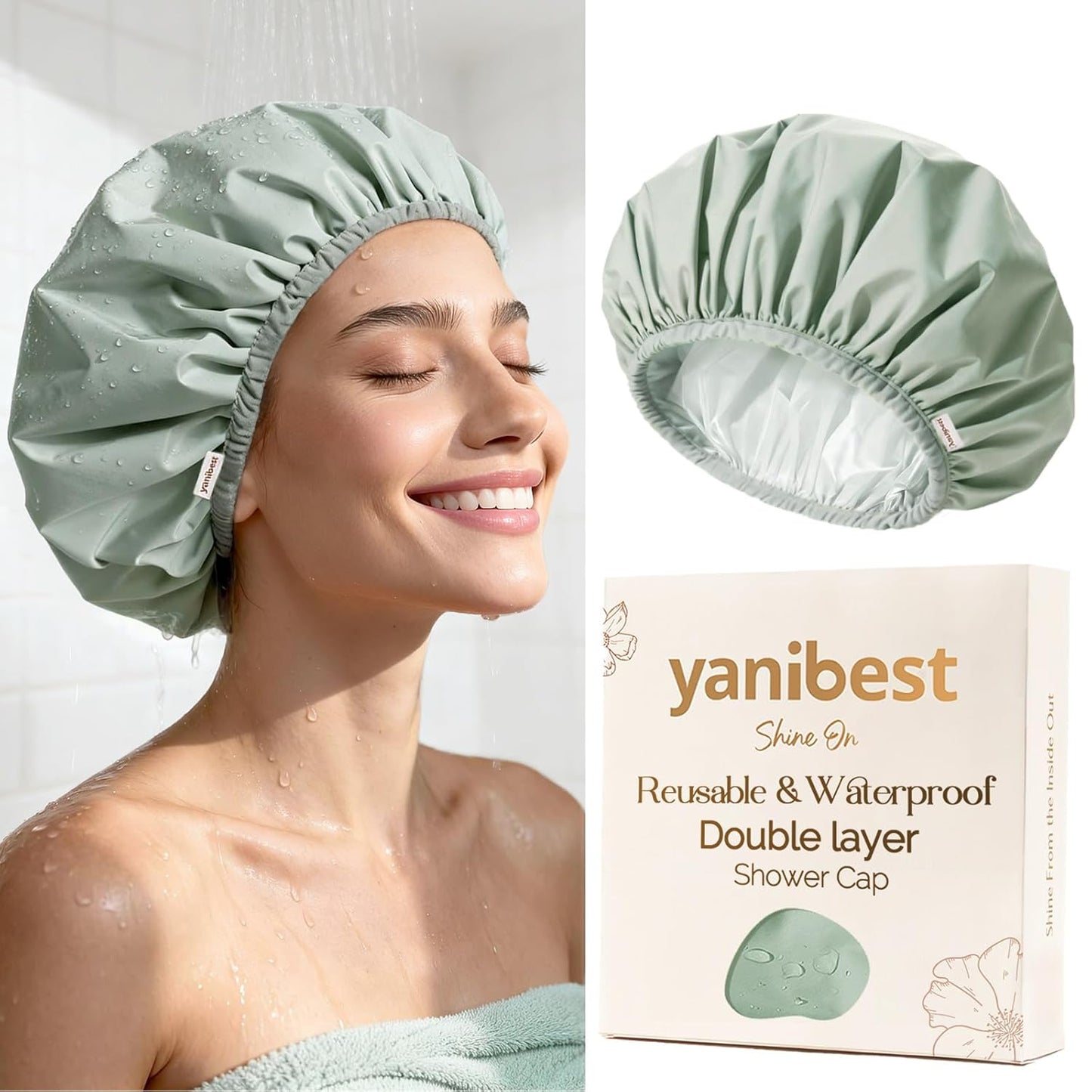 Yanibest Shower Cap - Reusable Waterproof Double Layer Design | Washable Hair Bonnet with Soft Non-Slip Band