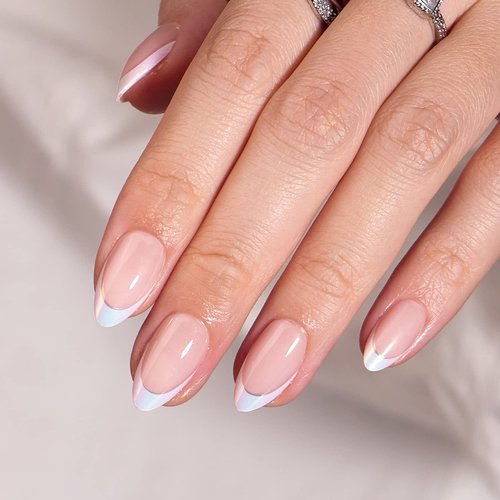 BTArtbox French Tip Press On Nails - White Press On Nails Almond, Short Fake Nails with Nail Glue, Fit Perfectly & Natural Reusable Stick on Nails in 16 Sizes, Mermaid