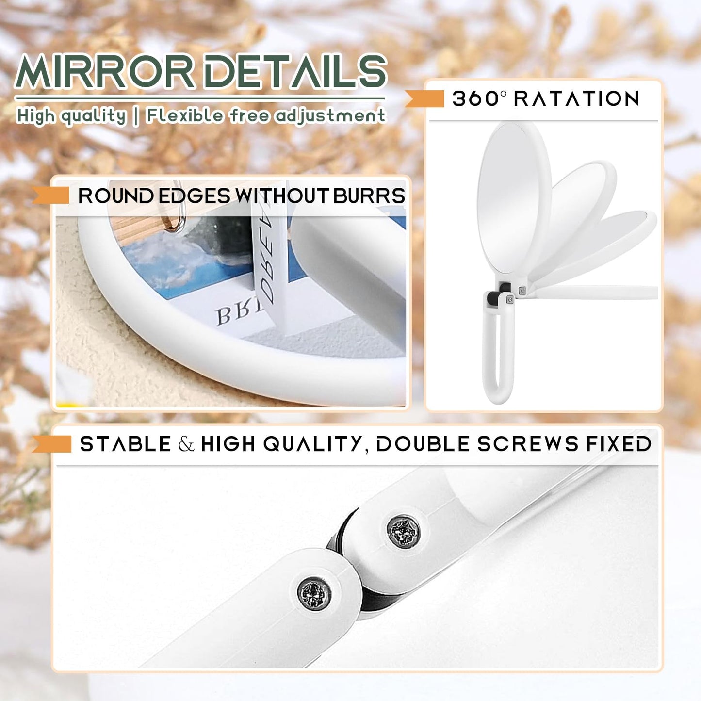 Novadex 1x 5X Magnifying Mirror, Handheld Hand Mirror with Handle, Travel Hand Held Vanity Mirror, Compact Double Sided Portable Magnification Small Make Up Mirrors for Precision Makeup (White)