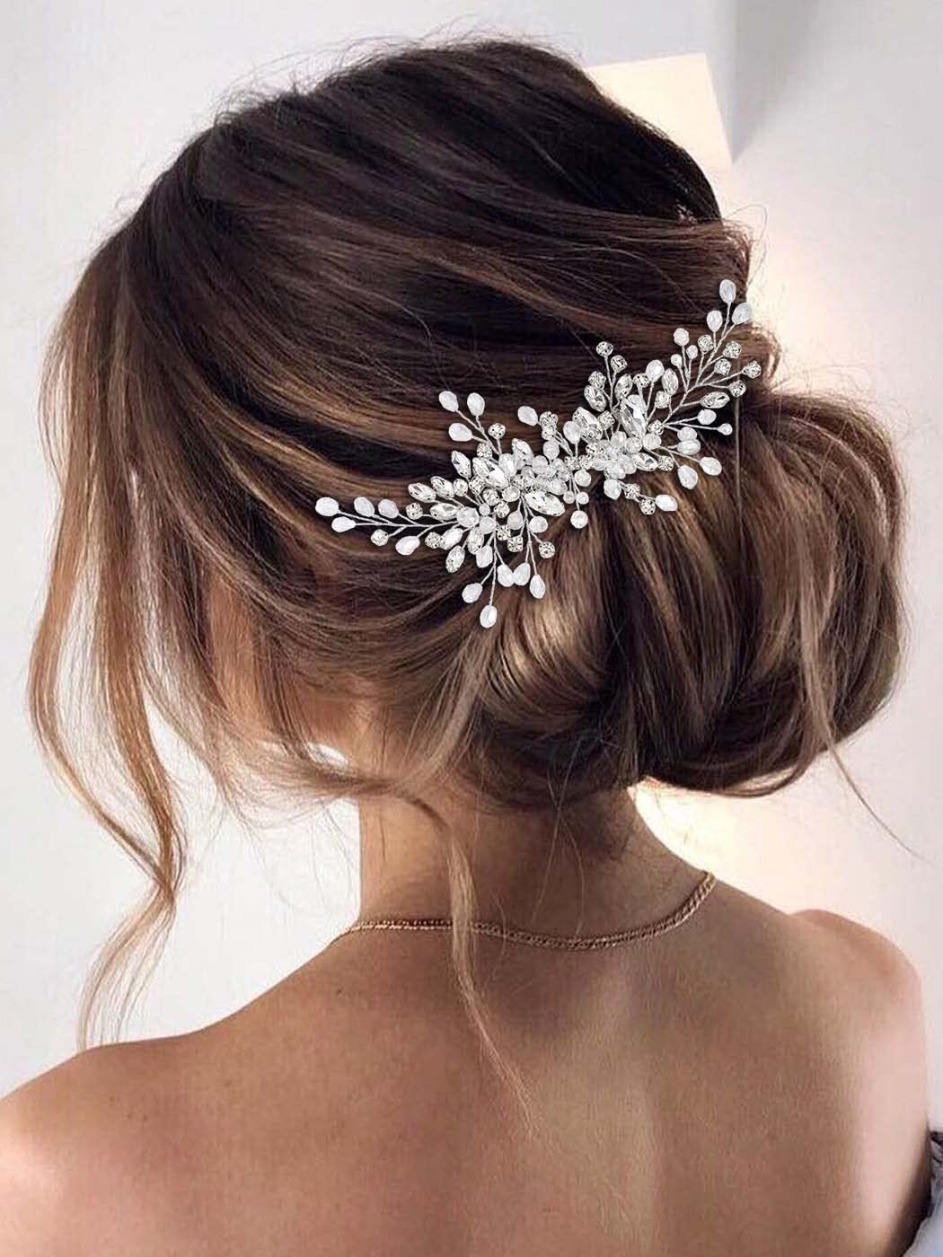 Catery Rhinestones Bridal Hair Comb - Silver Side Wedding Hair Accessory with Beads for Brides, Women, and Girls (A silver)