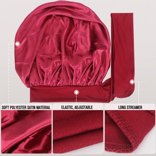 Arqumi Pack of 2 Satin Sleeping Bonnet, Large Satin Sleep Bonnet with Long Strap, Adjustable Sleep Cap Hair Bonnet for Women & Men, Purple+Red