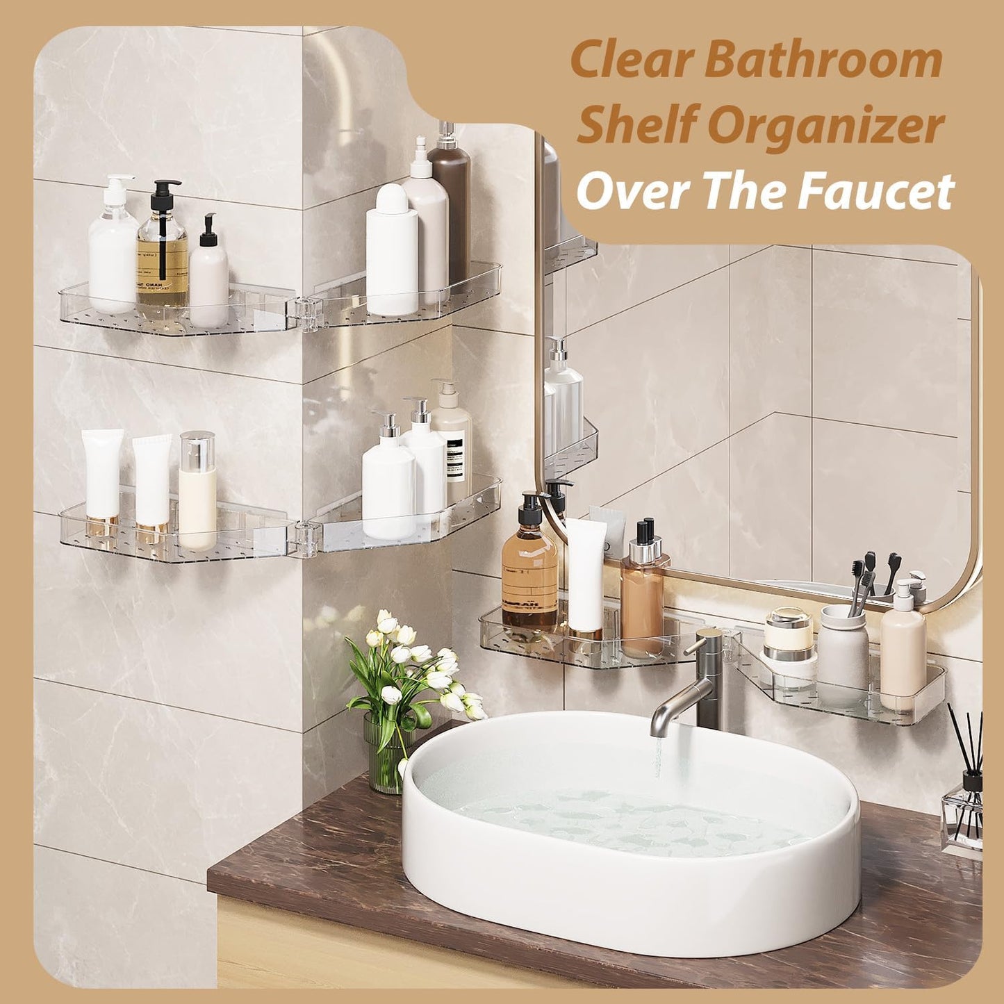 Skiennix Corner Shower Caddy - Wall Mounted Acrylic Shelf with Adhesive Tapes & Drainage Holes | Adjustable Angles, No Drilling
