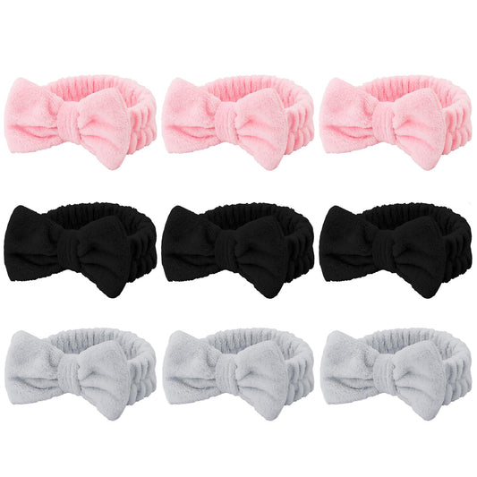 Casoty 9 Pcs Makeup Headbands, Bow Hair Band - Black, Gray, Pink - One Size Fits All - For Washing Face, Spa, Yoga, Reading, Work, Halloween, Slumber, Bridal Parties