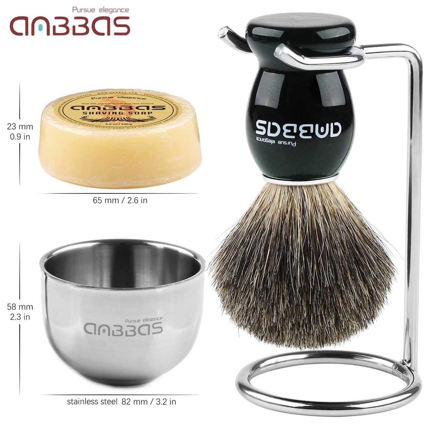 Shaving Set, 4in1 Anbbas Men Fine Badger Bristle Shave Brush Black Wood Handle,Stainless Steel Shaving Stand and Soap Cup with Shaving Soap Bar Natural Organic for Perfect Wet Shaving
