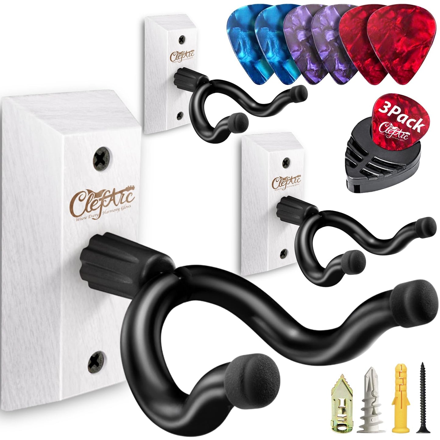 Guitar Wall Mount Beech Wood - 2 Pack U-Shape Guitar Wall Hangers, Guitar Picks, Pick Holder, Guitar Stand Wall, Guitar Hanger, Gifts for Guitarists, with 6 Assorted Guitar Picks