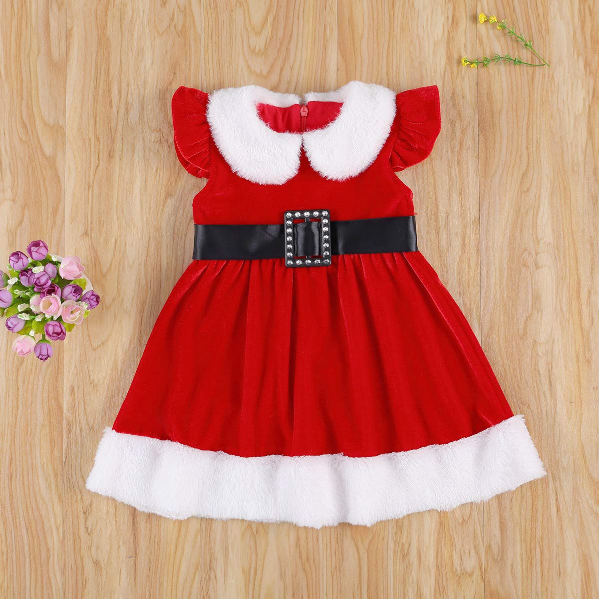 Springcmy Baby Girls Christmas Dress Velvet Santa Claus Dress Long Sleeve Plush Xmas Princess Party Cosplay Costume Dress (J-Red, 6-12 Months)