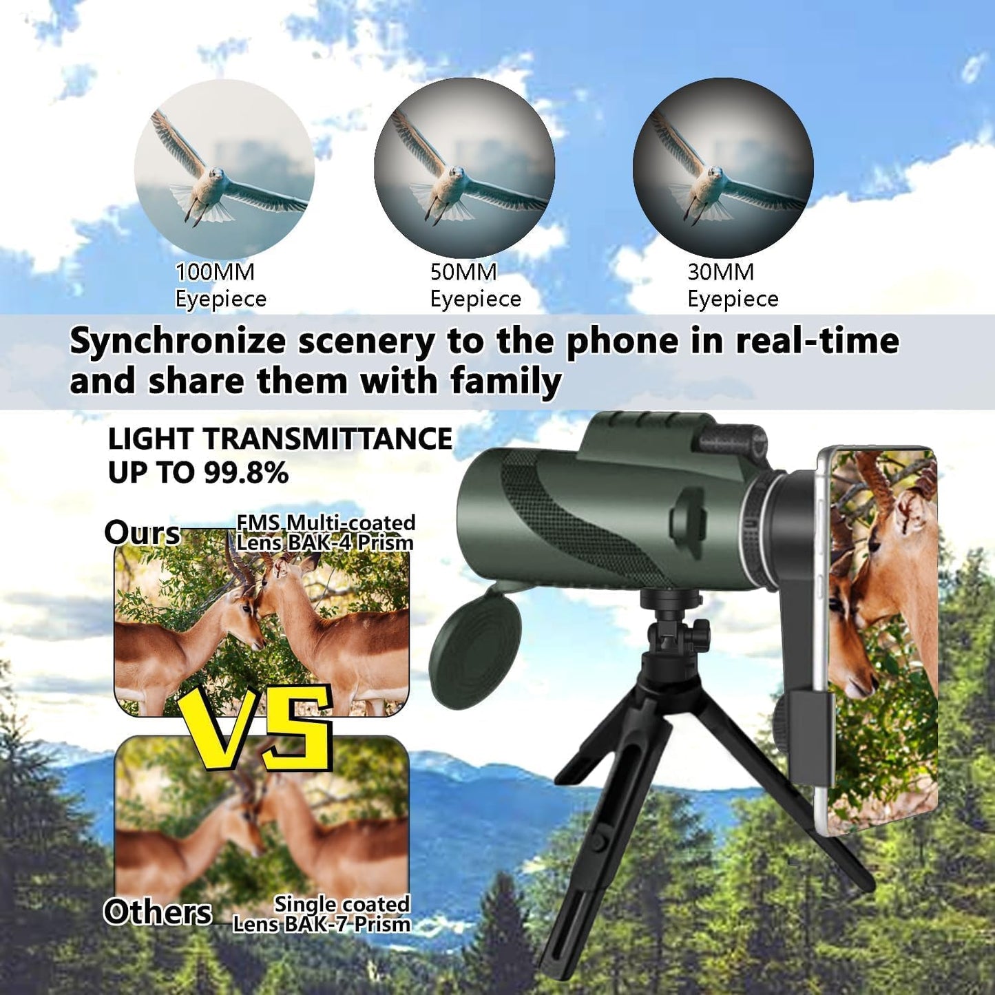 Monocular-Telescope 80x100 High Powered Monoculars High Definition for Adults High Powered with Smartphone Adapter Telescope Hunting Wildlife Bird Watching Travel Camping Hiking-Green