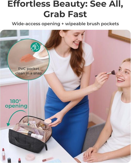 BAGSMART Travel Makeup Bag - Portable Water-Resistant Cosmetic Organizer Pouch | Black, Open Flat Design