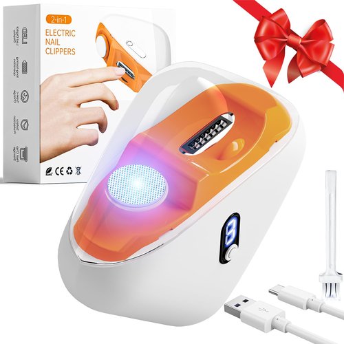 JUNZUP Electric Nail Clipper, 2-in-1 Automatic Nail Trimmer with LED Light, 3 Speeds Electric Toenail Clipper, Electric Nail Clippers for Seniors, Baby, Adults & Kids, Dark Orange