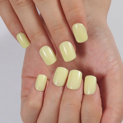 Stbisen Cream Yellow Press On Nails Short, Glossy Soft Gel Press On Nails Square with Nail Glue, 15 Sizes - 30 Fake Nails Kit, Thick Natural Reusable Glue On Nails for Women, Butter Bliss
